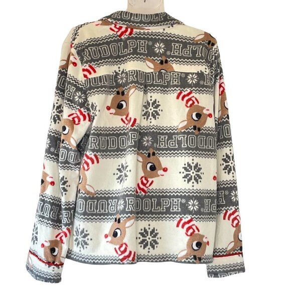 Rudolph Christmas Stretch Pajama Shirt Microfleece Grey and White w/ Red Buttons - Picture 3 of 6